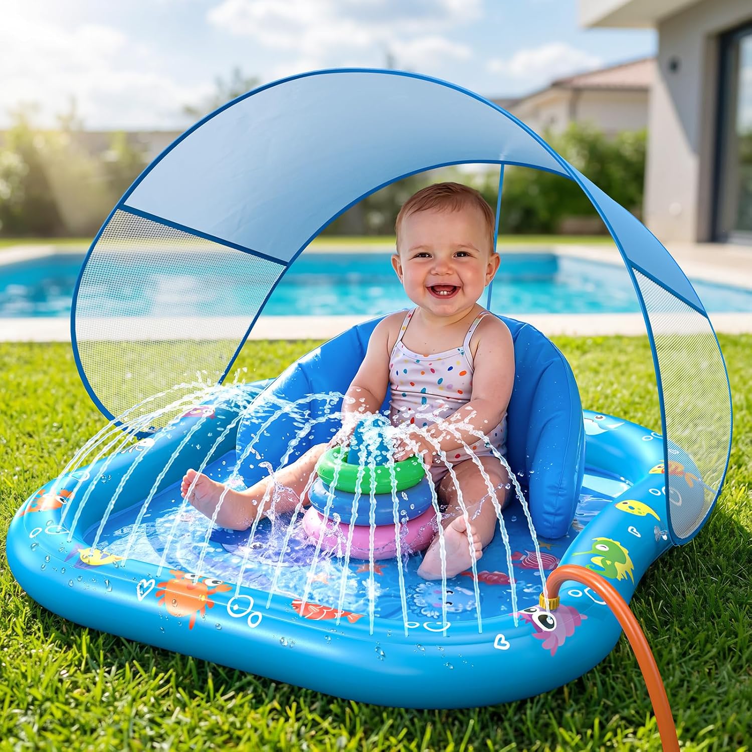 Baby Splash Pad with Sprinkler, Inflatable Baby Pool Float with Canopy, Backrest & Stackable Rings, Baby Pool Sprinkler Mat for Toddlers, Summer