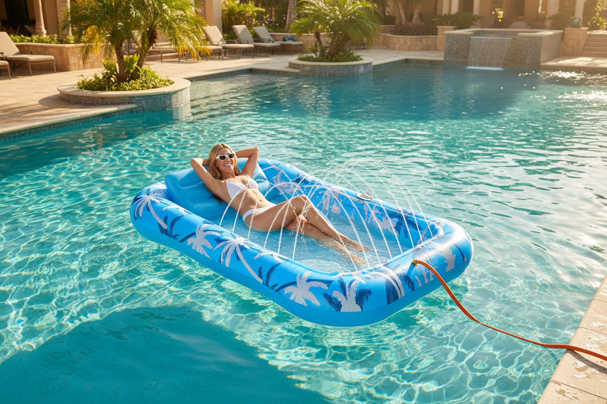 Relax & Refresh: The 6-in-1 Inflatable Tanning Pool Lounger with Sprinkler – Your Ultimate Summer Float