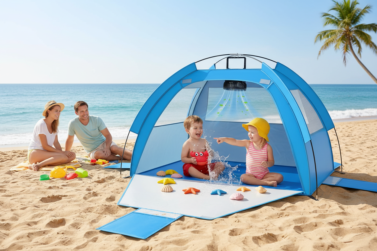 The Perfect Beach Day Starts Here: Kids Beach Tent with Solar Fan & Built-In Splash Pool – UV Protection Sun Shelter