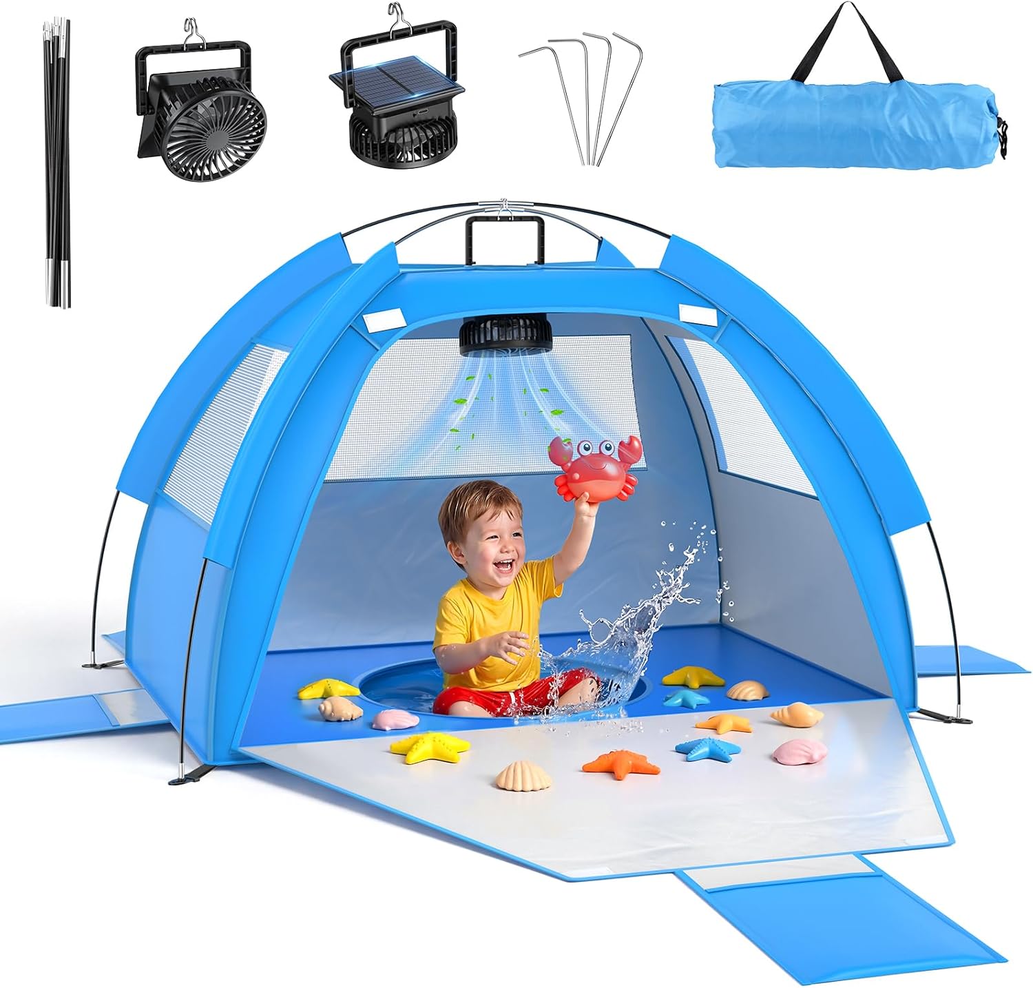 Kids Beach Tent with Solar Fan – UV Protection & Built-In Splash Pool | Portable Sun Shelter