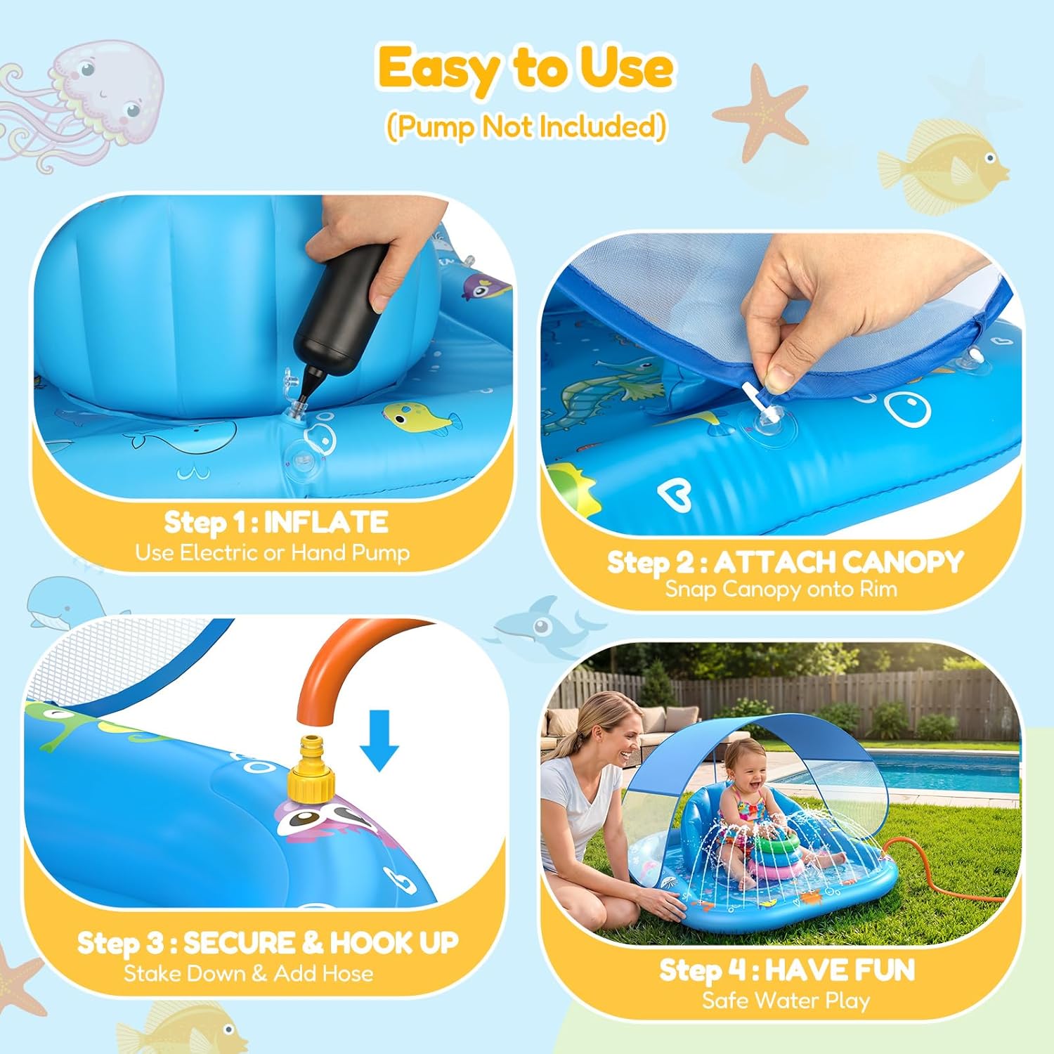 Baby Splash Pad with Sprinkler, Inflatable Baby Pool Float with Canopy, Backrest & Stackable Rings, Baby Pool Sprinkler Mat for Toddlers, Summer Outdoor Water Play Toys for Backyard, Garden & Beach