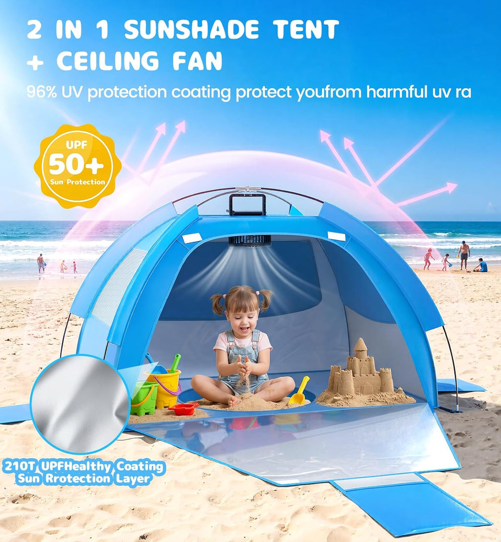 Kids Beach Tent with Solar Fan – UV Protection & Built-In Splash Pool | Portable Sun Shelter