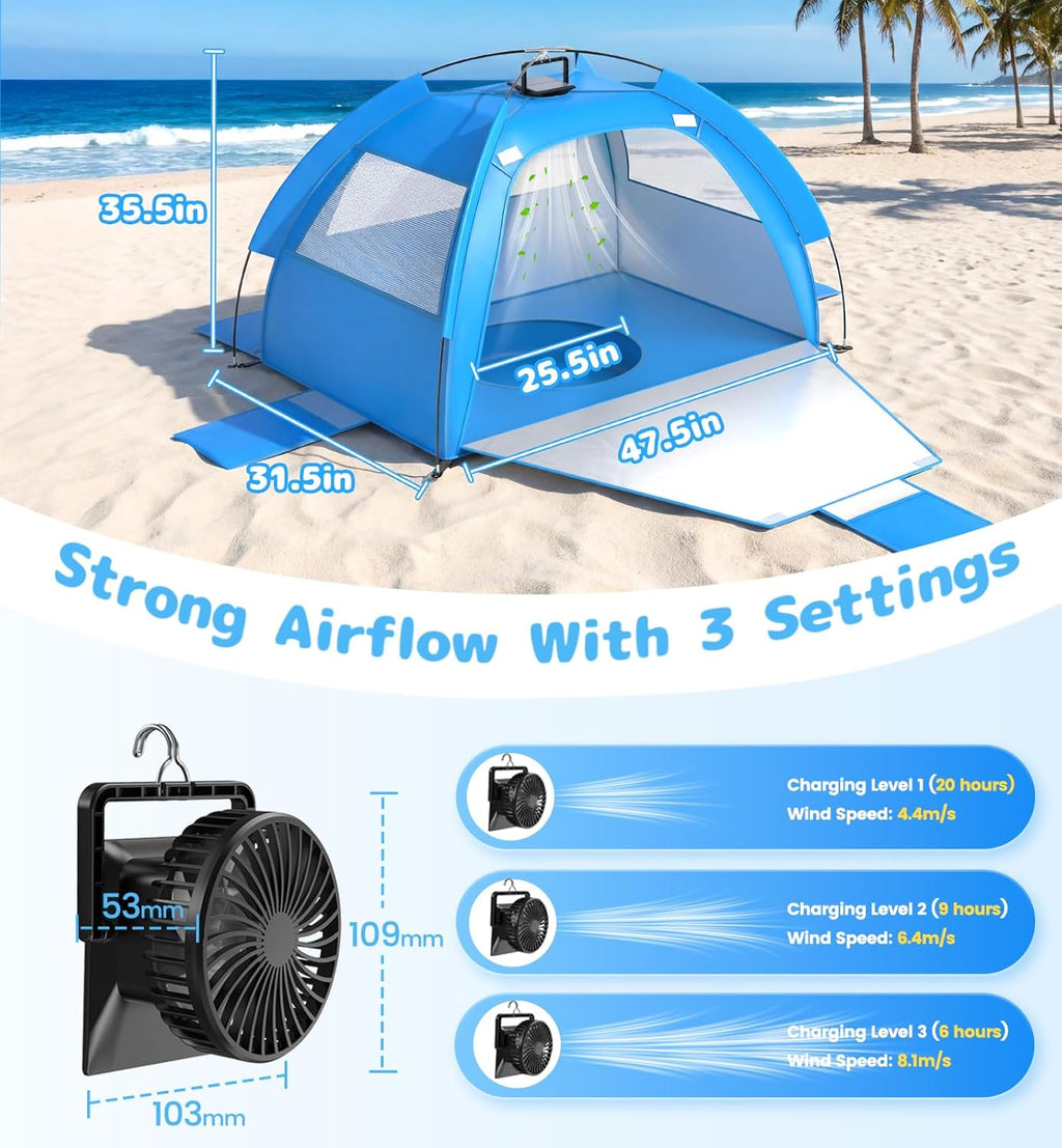 Kids Beach Tent with Solar Fan – UV Protection & Built-In Splash Pool | Portable Sun Shelter