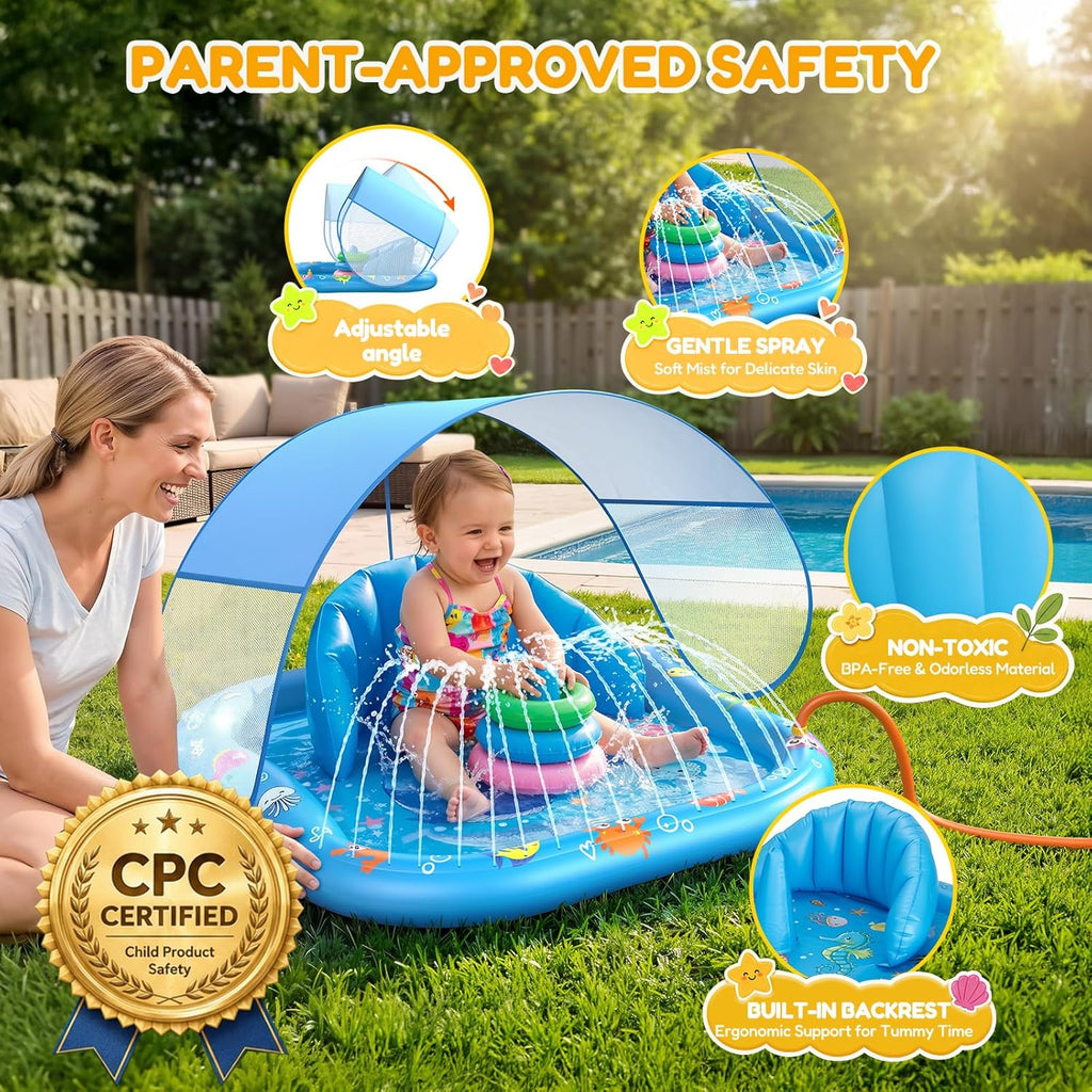 Baby Splash Pad with Sprinkler, Inflatable Baby Pool Float with Canopy, Backrest & Stackable Rings, Baby Pool Sprinkler Mat for Toddlers, Summer Outdoor Water Play Toys for Backyard, Garden & Beach