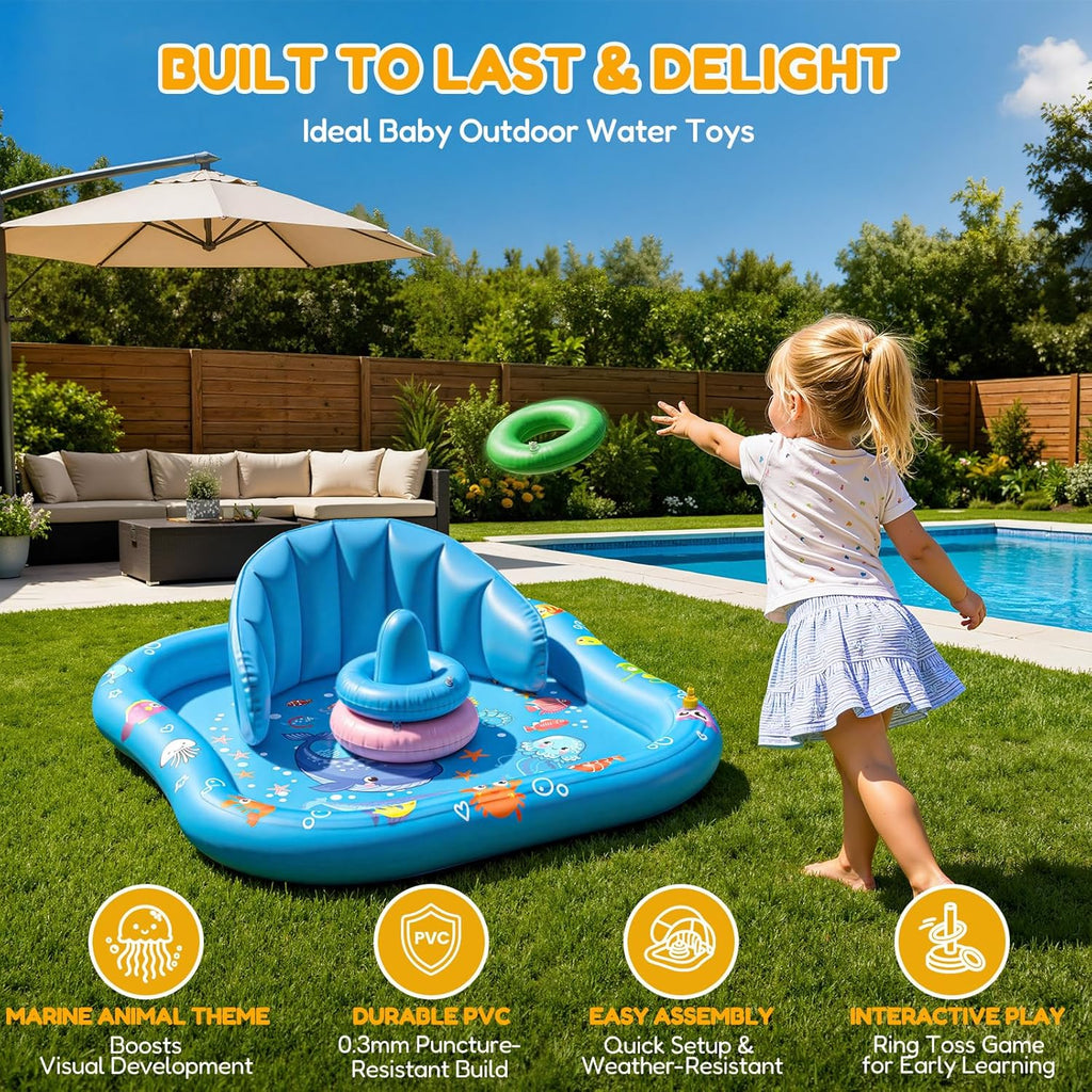 Baby Splash Pad with Sprinkler, Inflatable Baby Pool Float with Canopy, Backrest & Stackable Rings, Baby Pool Sprinkler Mat for Toddlers, Summer Outdoor Water Play Toys for Backyard, Garden & Beach