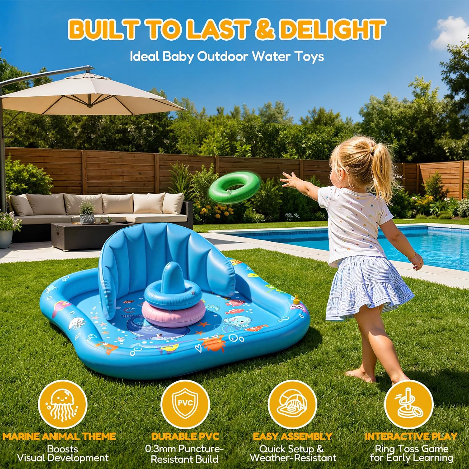 Baby Splash Pad with Sprinkler, Inflatable Baby Pool Float with Canopy, Backrest & Stackable Rings, Baby Pool Sprinkler Mat for Toddlers, Summer Outdoor Water Play Toys for Backyard, Garden & Beach