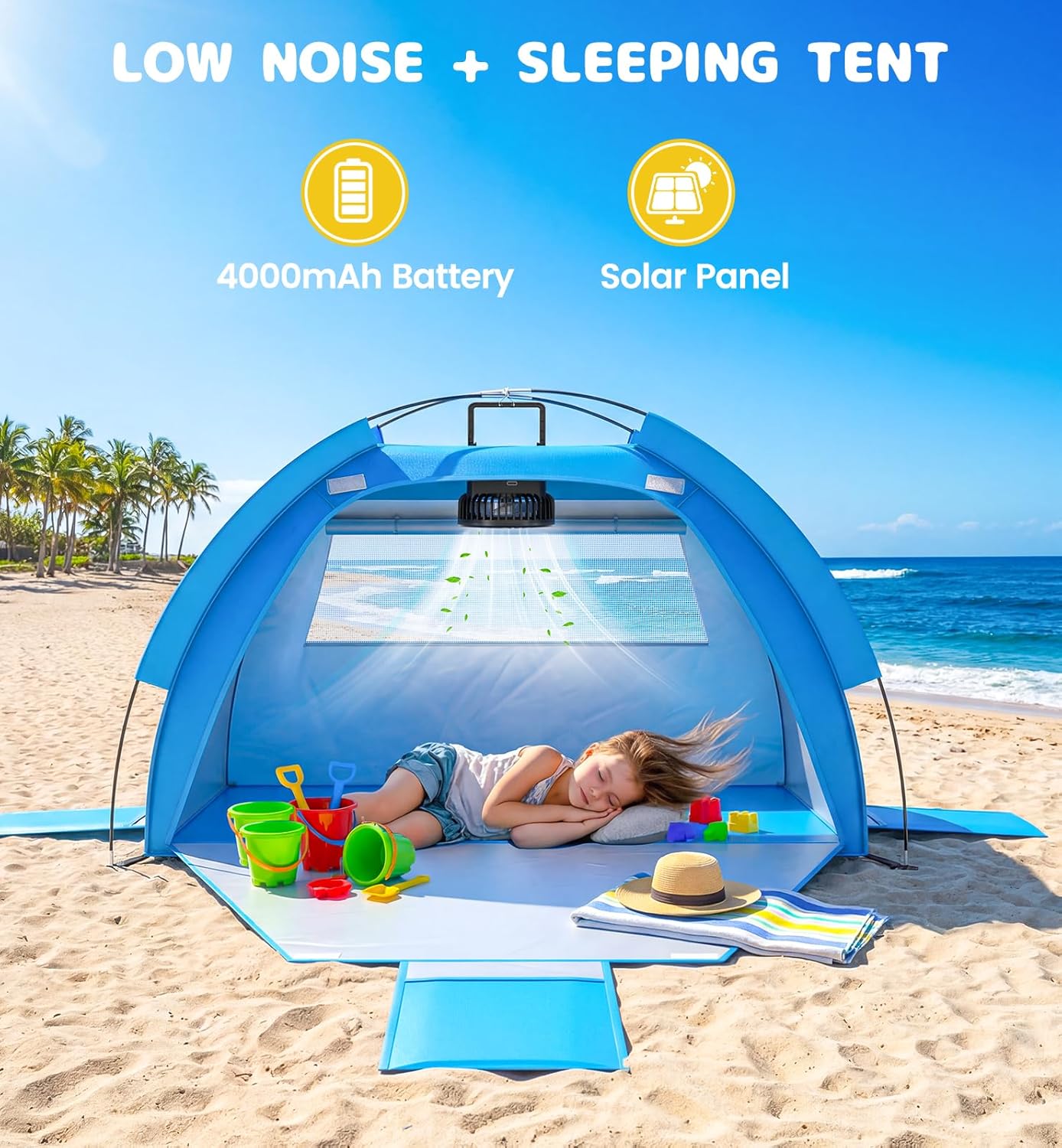 Kids Beach Tent with Solar Fan – UV Protection & Built-In Splash Pool | Portable Sun Shelter