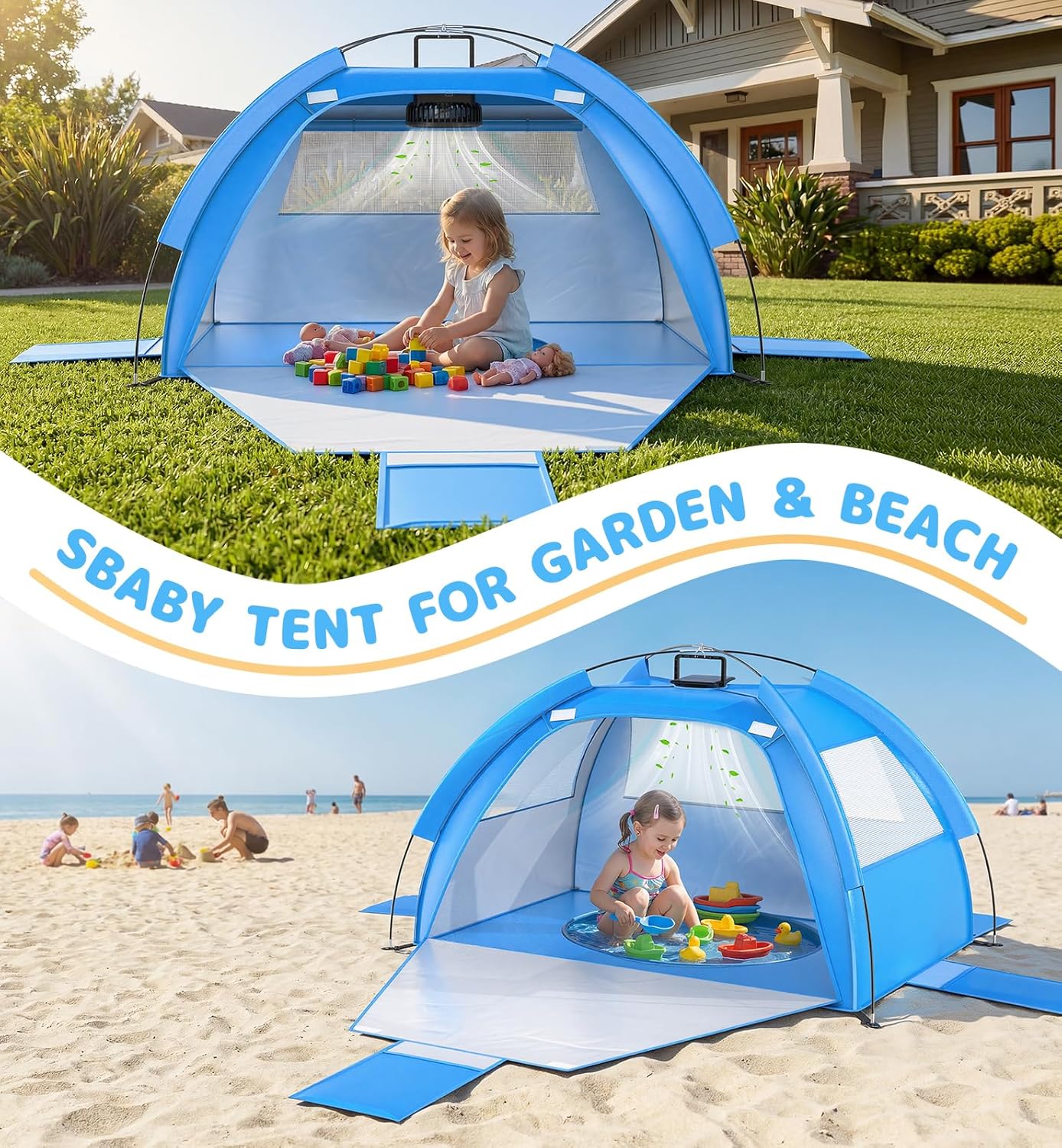 Kids Beach Tent with Solar Fan – UV Protection & Built-In Splash Pool | Portable Sun Shelter