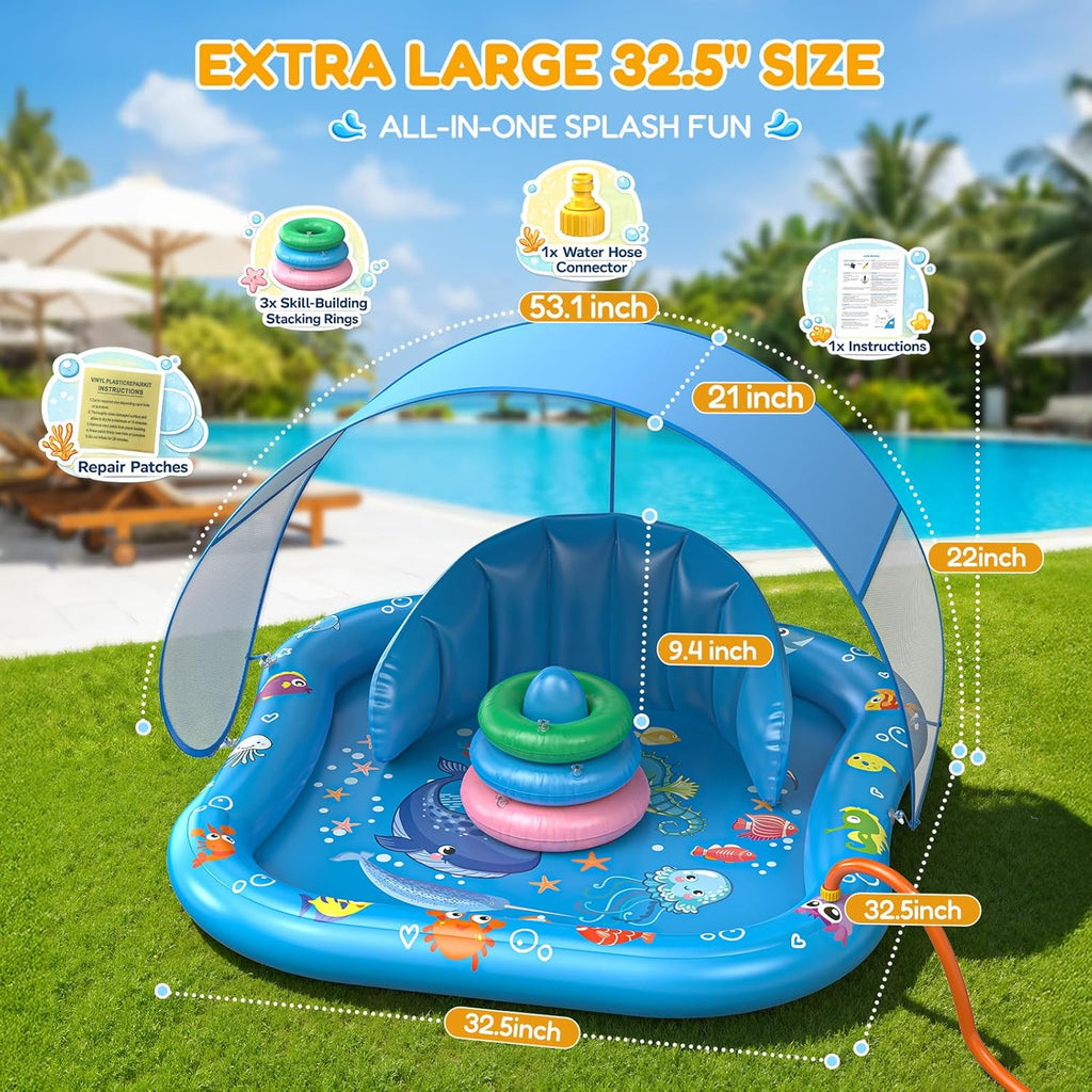 Baby Splash Pad with Sprinkler, Inflatable Baby Pool Float with Canopy, Backrest & Stackable Rings, Baby Pool Sprinkler Mat for Toddlers, Summer Outdoor Water Play Toys for Backyard, Garden & Beach
