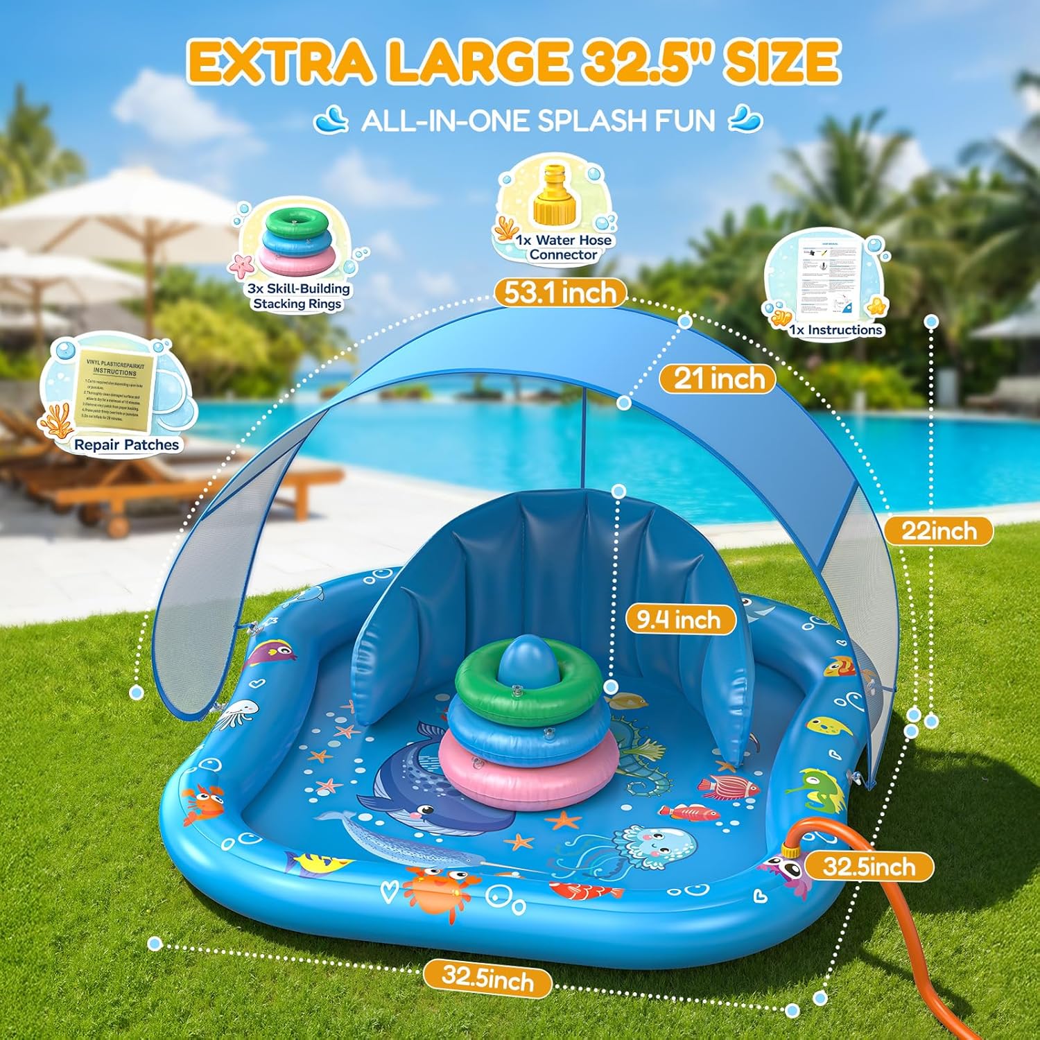 Baby Splash Pad with Sprinkler, Inflatable Baby Pool Float with Canopy, Backrest & Stackable Rings, Baby Pool Sprinkler Mat for Toddlers, Summer Outdoor Water Play Toys for Backyard, Garden & Beach