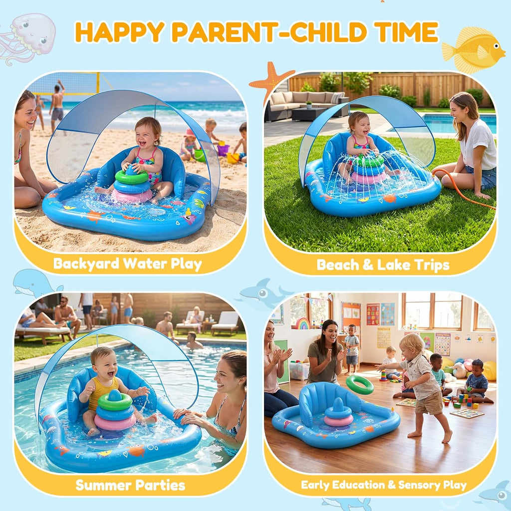 Baby Splash Pad with Sprinkler, Inflatable Baby Pool Float with Canopy, Backrest & Stackable Rings, Baby Pool Sprinkler Mat for Toddlers, Summer Outdoor Water Play Toys for Backyard, Garden & Beach