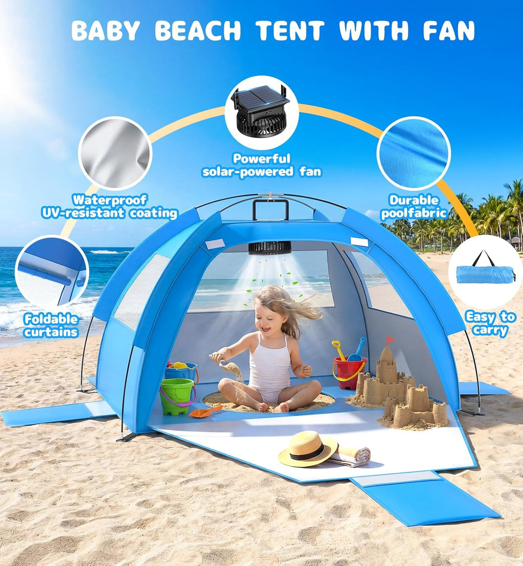 Kids Beach Tent with Solar Fan – UV Protection & Built-In Splash Pool | Portable Sun Shelter
