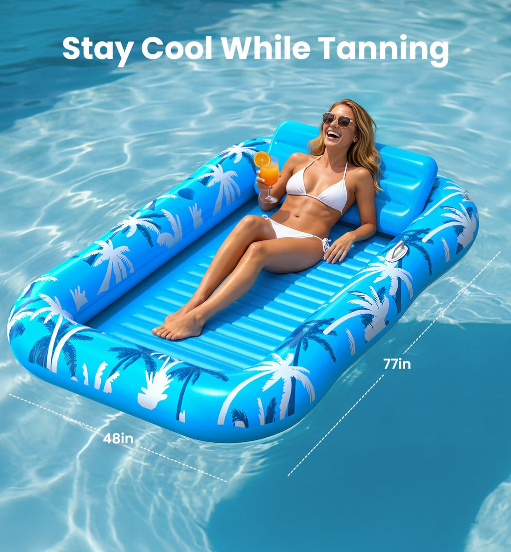 Inflatable Tanning Pool Lounger with Sprinkler – XL Float Raft | 6-in-1 Sunbathing Lounge for Adults