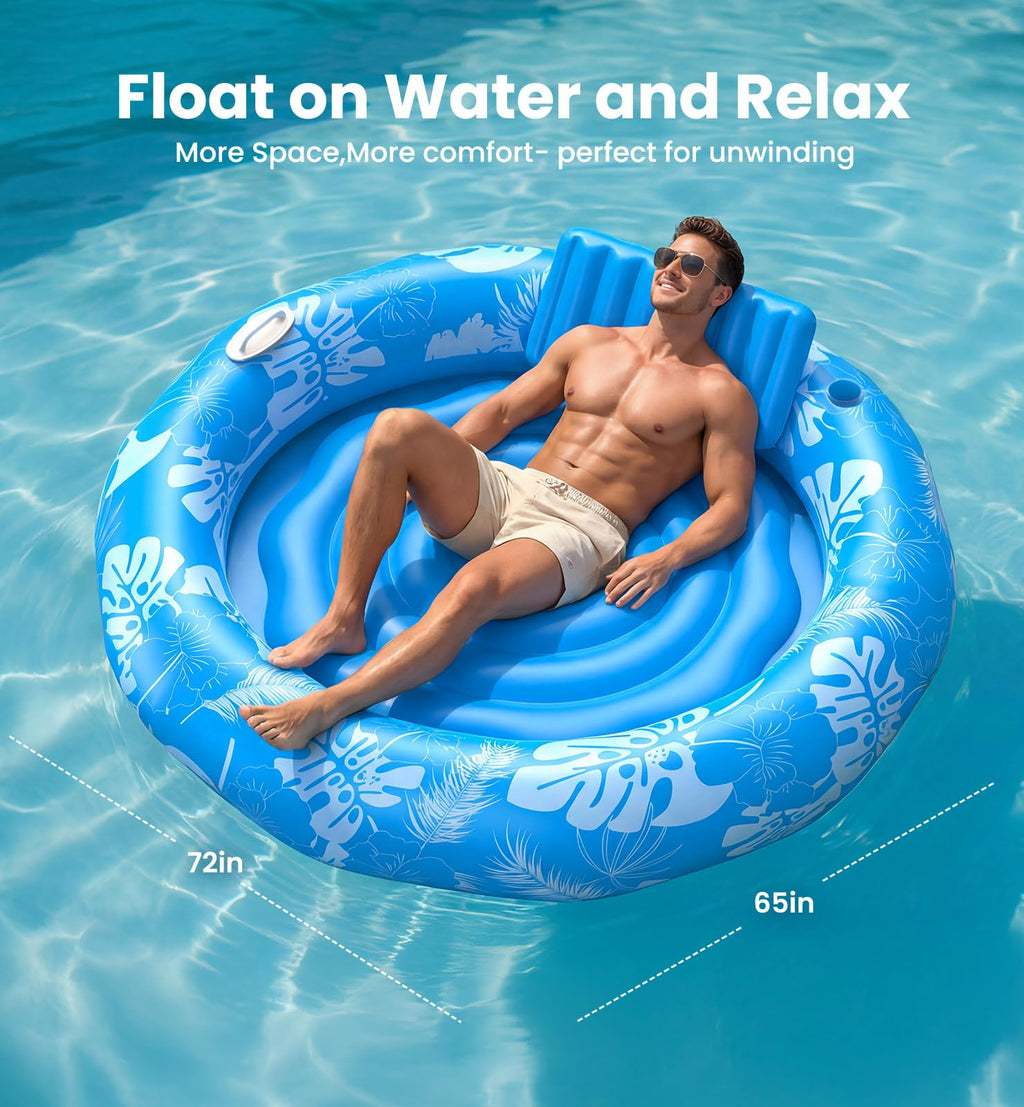 Round Inflatable Tanning Pool with Sprinkler – 72"x65" XL | Sunbathing Lounge Float for Adults