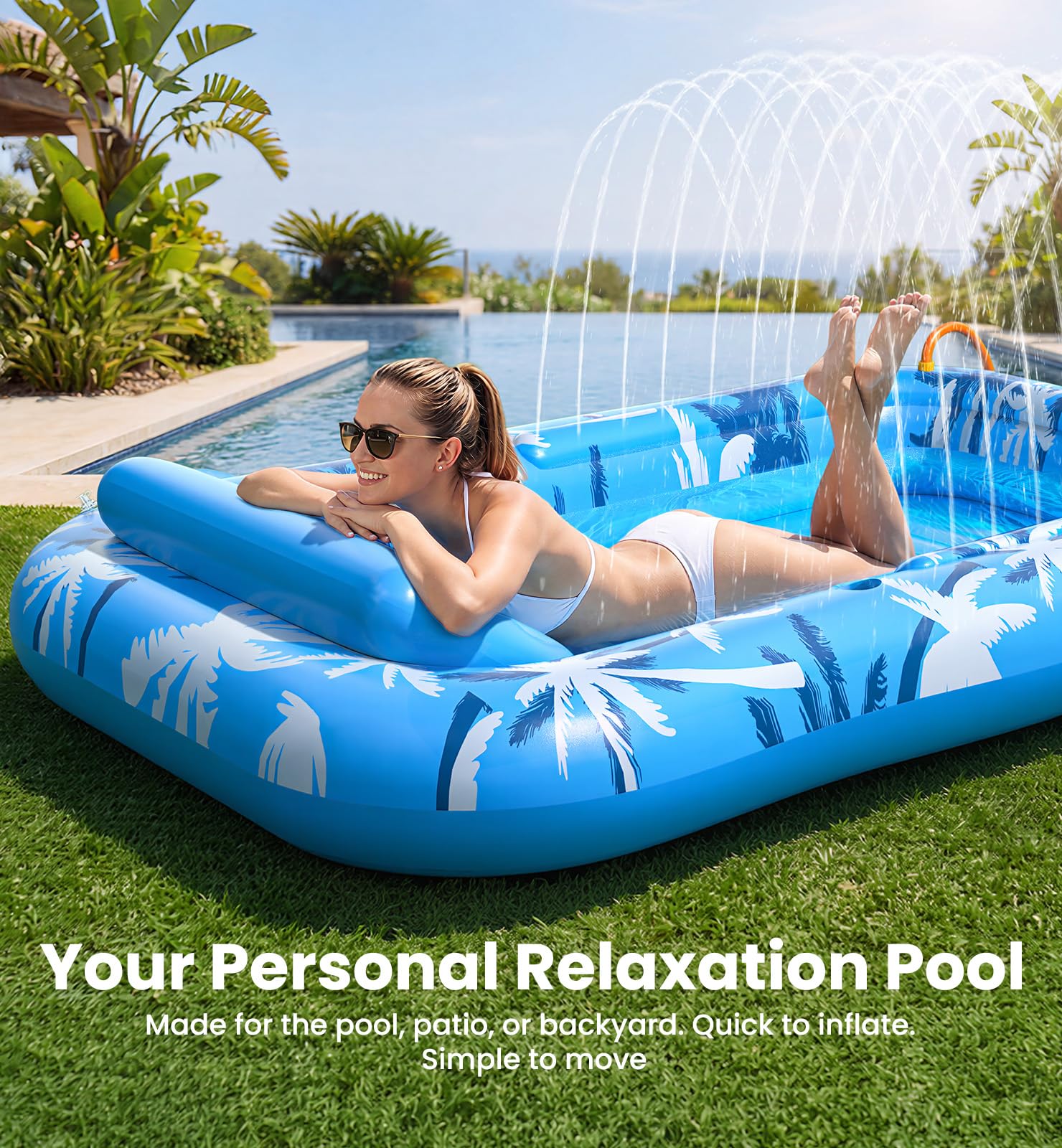 Inflatable Tanning Pool Lounger with Sprinkler – XL Float Raft | 6-in-1 Sunbathing Lounge for Adults