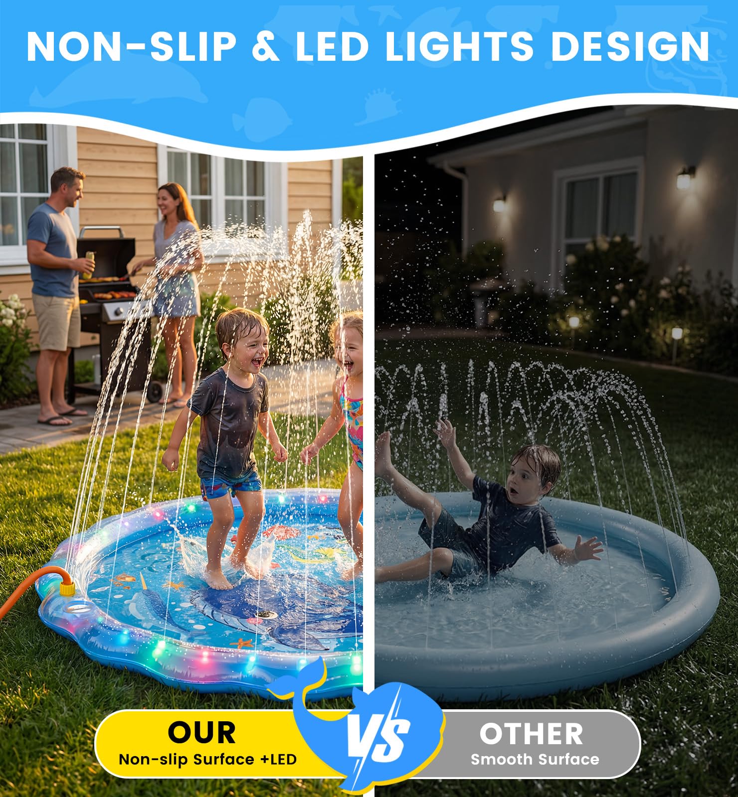 LED Splash Pad Sprinkler for Kids & Dogs – 60" Non-Slip | Outdoor Water Play Mat