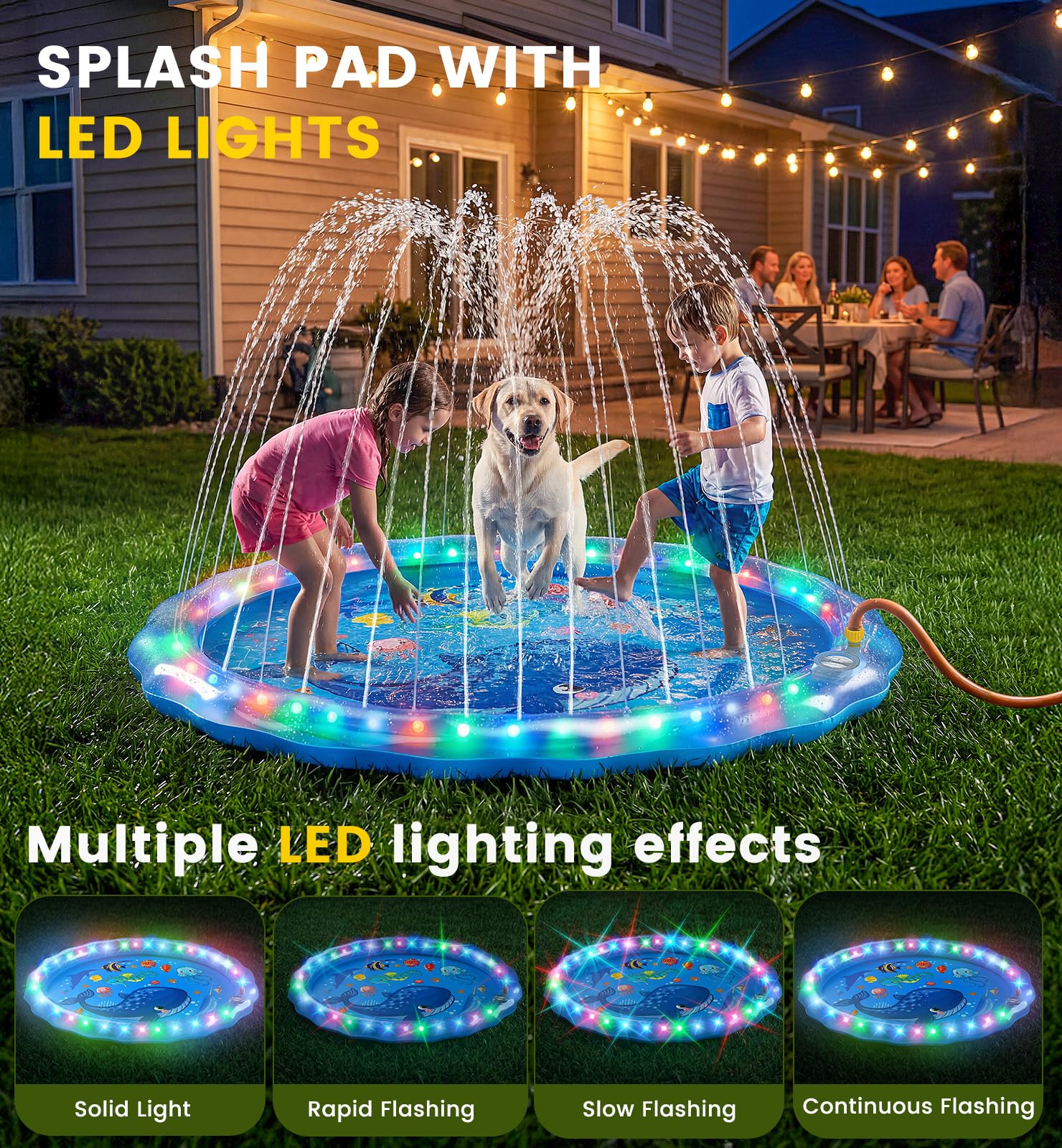 LED Splash Pad Sprinkler for Kids & Dogs – 60" Non-Slip | Outdoor Water Play Mat