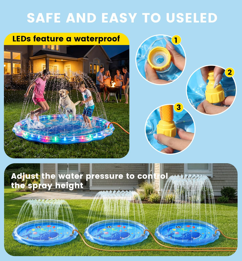 LED Splash Pad Sprinkler for Kids & Dogs – 60" Non-Slip | Outdoor Water Play Mat