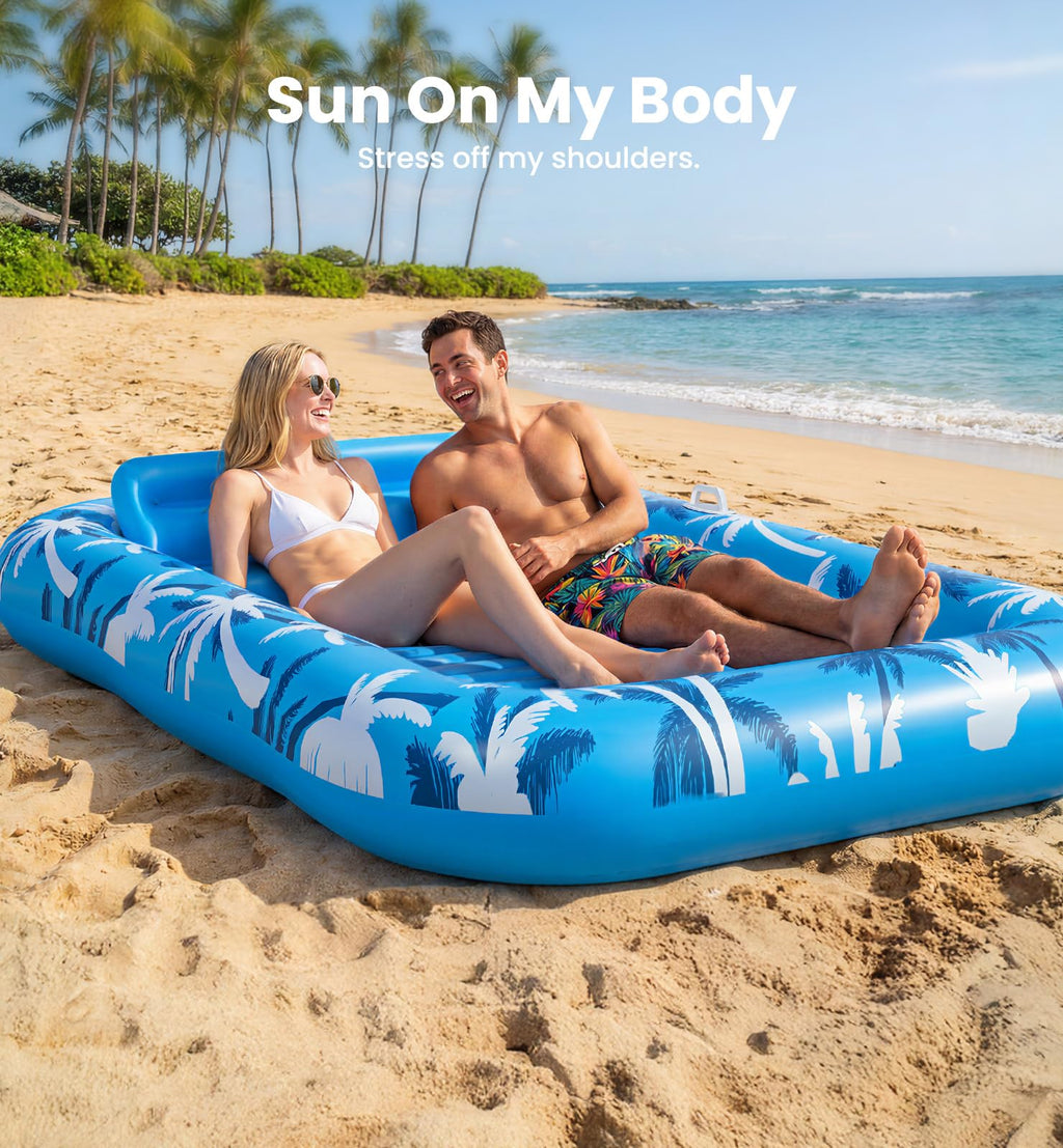 Inflatable Tanning Pool Lounger with Sprinkler – XL Float Raft | 6-in-1 Sunbathing Lounge for Adults