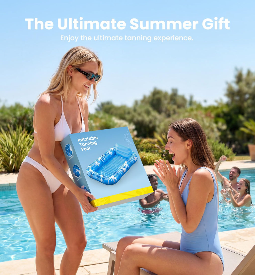 Inflatable Tanning Pool Lounger with Sprinkler – XL Float Raft | 6-in-1 Sunbathing Lounge for Adults