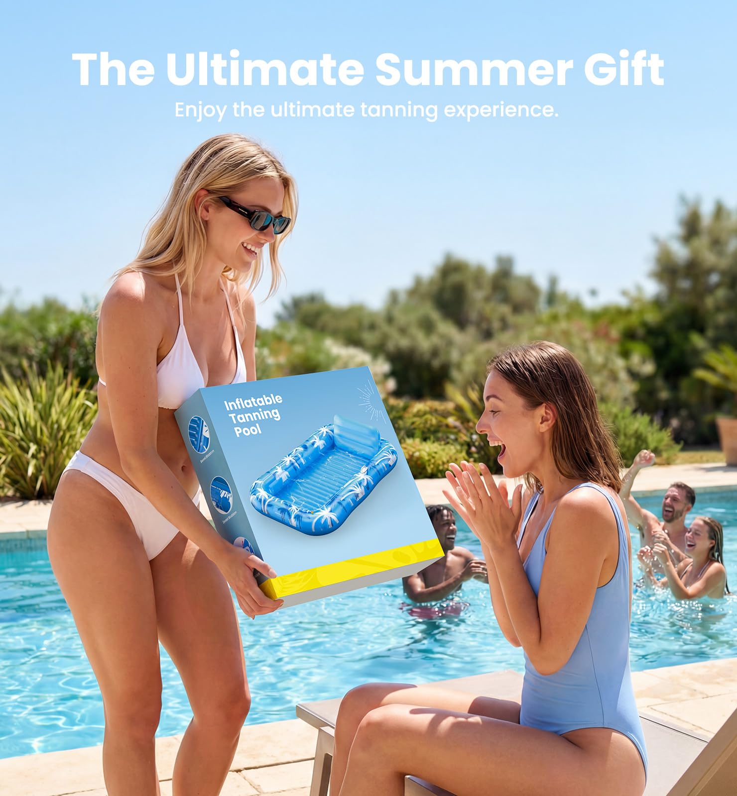 Inflatable Tanning Pool Lounger with Sprinkler – XL Float Raft | 6-in-1 Sunbathing Lounge for Adults