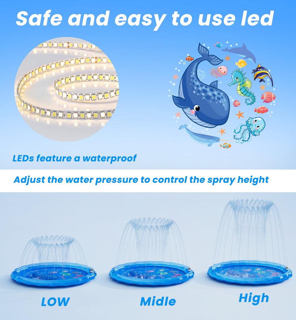 LED Splash Pad Sprinkler for Kids & Dogs – 60" Non-Slip | Outdoor Water Play Mat